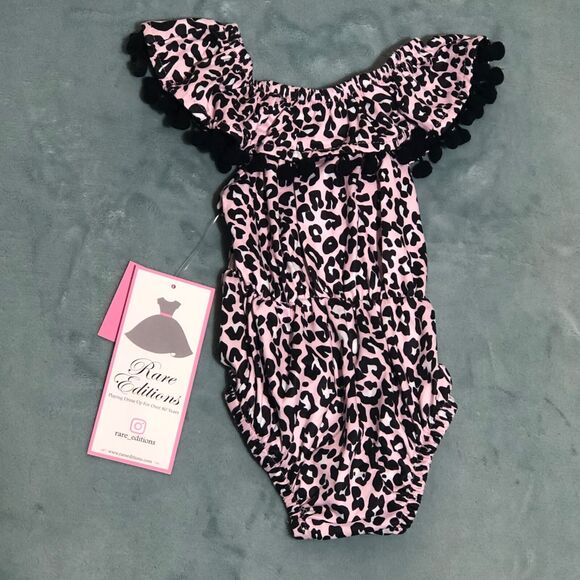 Rare Editions Romper Infant Girls 3 months Pink BlackLeopard Print w Tassels NWT - Picture 2 of 5